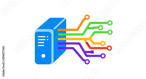 Digital data server illustrating efficient information processing and dynamic network communication through colorful, interconnected circuit pathways, symbolizing advanced computing infrastructure