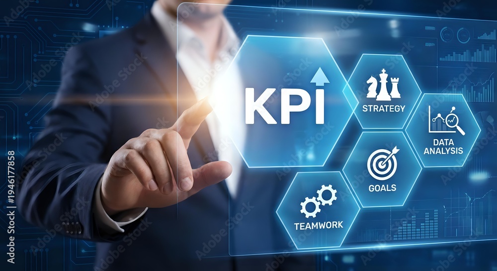 Obraz premium Business professional touching KPI key performance indicator interface with hexagonal icons showing strategy, data analytics, goals and teamwork concepts.