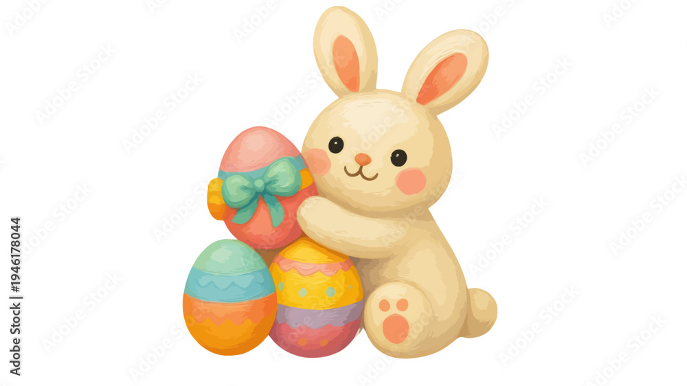 Fototapeta premium Easter bunny with colorful eggs on white background