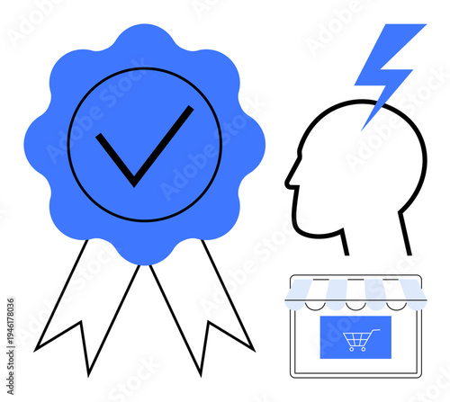 Branding, e-commerce, consumer behavior, quality assurance, innovation, digital marketing. Features a certification ribbon, head profile with lightning and a storefront icon. Quality assurance