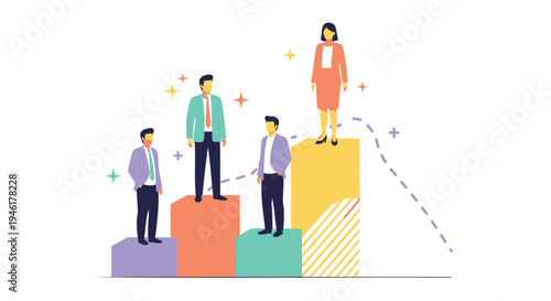 Vector illustration of 4 people on colorful blocks, business concept