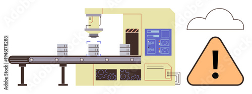 Industry automation, workplace safety, production monitoring, manufacturing efficiency, mechanical systems, error detection. Conveyor belt and machine with warning sign. Industry automation