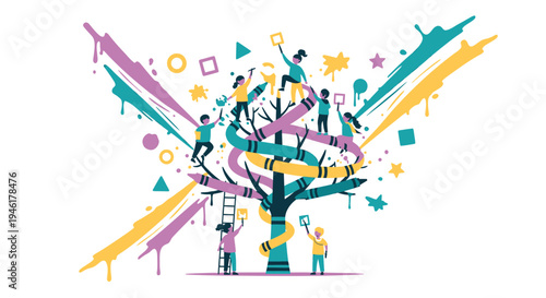 Vector illustration of people around a colorful tree with shapes and symbols