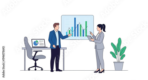 Vector illustration of business people analyzing data on screen