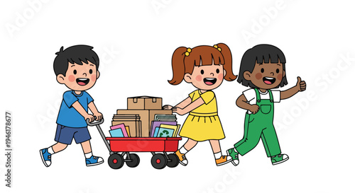 Three diverse children, a boy and two girls, happily transport a red wagon filled with books and boxes, with one girl giving a thumbs-up.