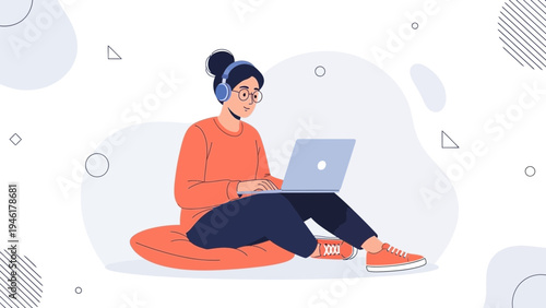 Young woman with headphones working on laptop, flat design illustration