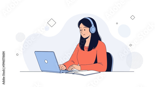 Young Woman with Headphones Working on Laptop, Online Learning, Remote Work, E-learning