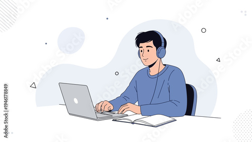 Young man with headphones working on laptop at desk, online learning concept