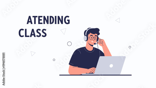 Young man with headset attending online class on laptop, remote education concept