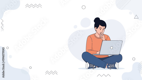 Young person focused on laptop, sitting cross-legged with abstract background
