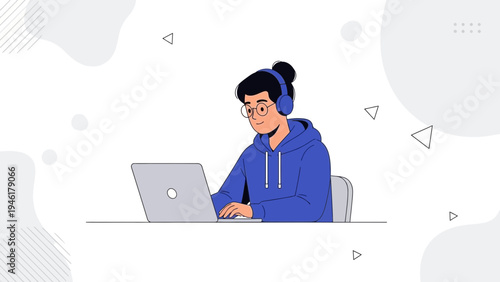 Young person with headphones using a laptop, modern illustration, remote work concept