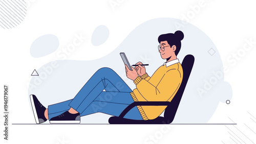Young person relaxing in chair, drawing on tablet, modern flat illustration
