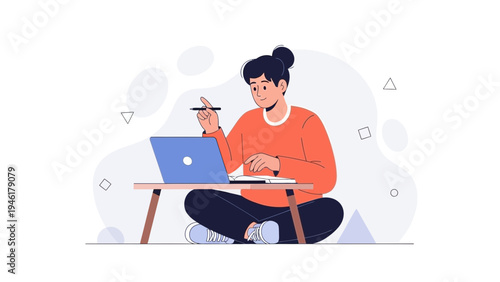 Young person learning online at home, focused student working on laptop