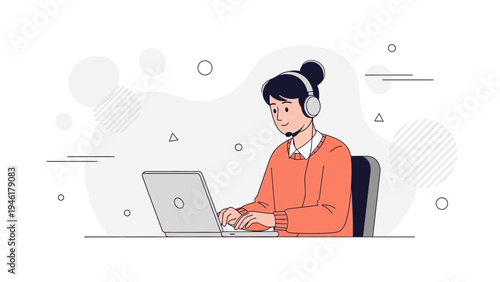 Young person with headphones working on laptop, modern illustration