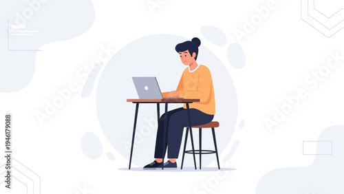 Young person working on laptop at desk, flat illustration, remote work concept