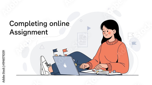 Young Woman Completing Online Assignment on Laptop, Studying at Home