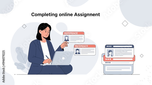 Young Woman Completing Online Assignment on Laptop, Studying Remotely