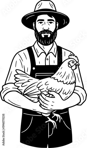 Farmer Holding Chicken Illustration, Poultry Farming Line Art Graphic for Agriculture, Rural Lifestyle and Farm Industry Concept