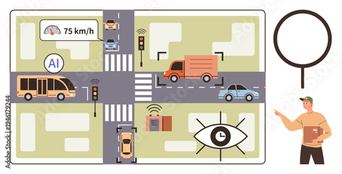 Smart city planning, AI traffic management, autonomous vehicles, road safety, urban infrastructure, innovation. AI monitors vehicles at an intersection. Smart city planning and AI traffic management