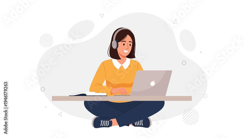 Young Woman Studying Online with Laptop and Headphones, Remote Learning