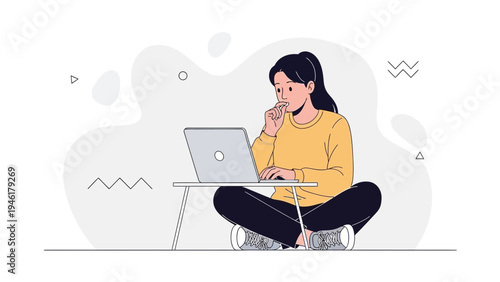 Young woman thinking while working on laptop, modern flat design illustration