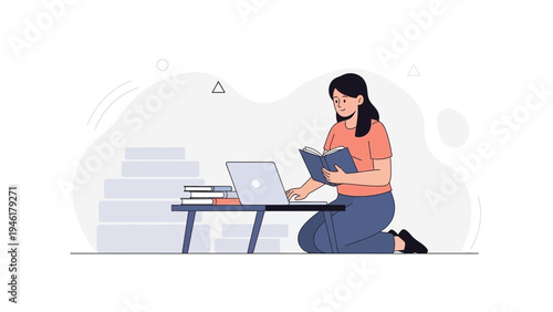 Young Woman Studying with Laptop and Books, Learning Concept