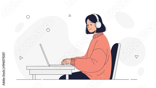 Young woman wearing headphones, working on a laptop, remote work concept