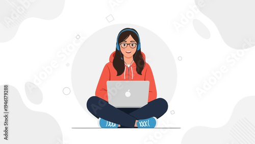 Young Woman with Headphones and Laptop, Studying or Working Online