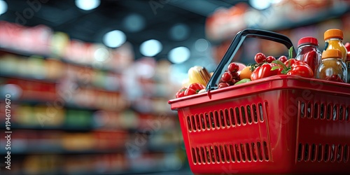 A red plastic shopping basket filled with food sits in a blurry grocery store