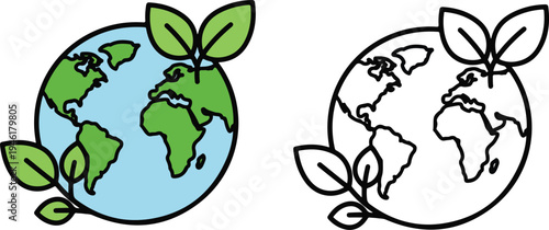 Two globes with green leaves growing from them one colored one black and white earth