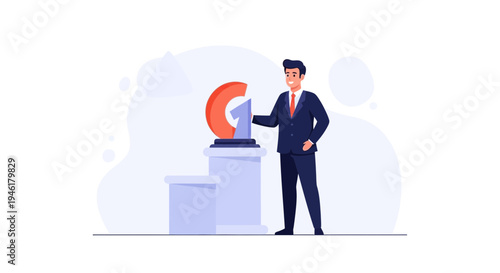 Businessman holding a giant number 1 trophy, celebrating success and achievement