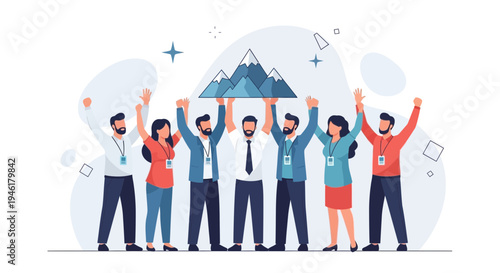 Team holding mountain peak, business success, teamwork, achievement, goals, strategy, leadership