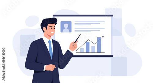 Businessman presenting financial growth chart on a whiteboard during a meeting