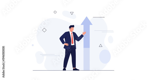 Businessman standing next to an upward trending arrow, symbolizing growth and success