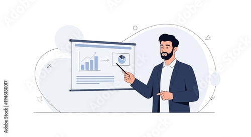 Businessman presenting financial growth chart on a whiteboard in a modern office