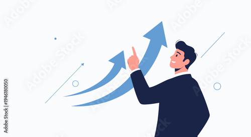 Businessman pointing up to rising arrows, symbolizing growth and success in business