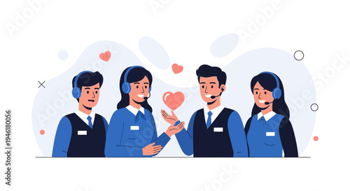 Customer service team with heart symbol, teamwork, care, support, call center agents