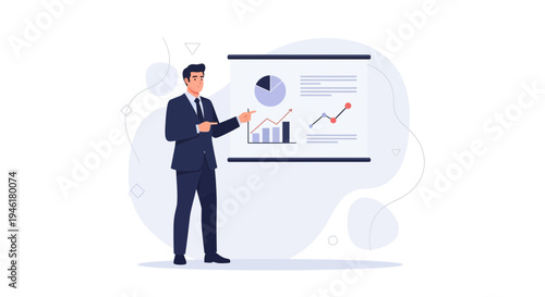 Businessman presenting financial charts and graphs on a projector screen