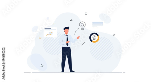 Businessman presenting idea with charts and lightbulb icons, business strategy concept
