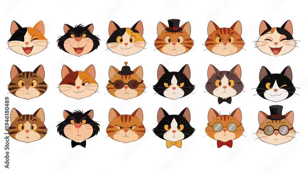 Fototapeta premium Cute Cartoon Cat Faces Collection Set Funny Kitty Emotions Character Expressions Illustration