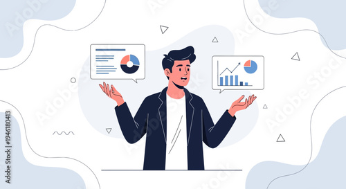 Man analyzing financial charts and data, business concept illustration