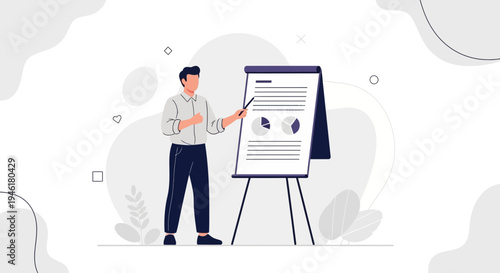 Man presenting data on a flip chart with pie charts and text, business presentation concept