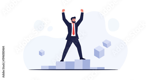 Successful businessman celebrating victory on podium with raised hands, business concept