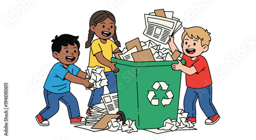 Three diverse children happily sort and place various paper and cardboard items into an overflowing green recycling bin, promoting eco-friendly habits.