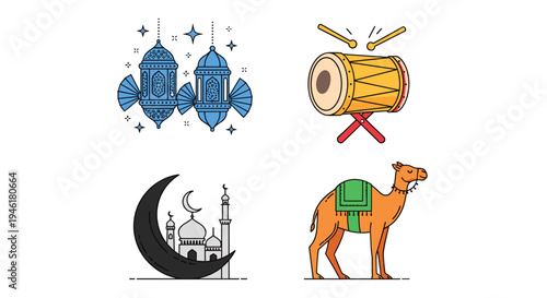 Icon Set Ramadhan Kareem, Eid Mubarak, Eid Al Fitr Flat Minimalist Design Illustration