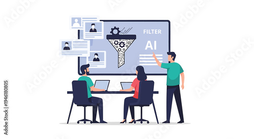 Vector illustration of people working with AI technology
