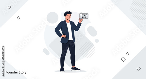 Man holding camera, founder story concept, modern illustration, business man with camera