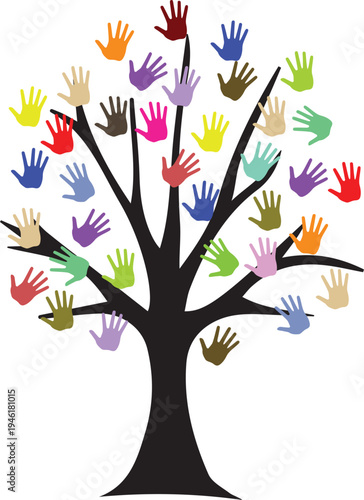 
Vibrant colorful handprint tree vector illustration symbolizing diversity, community, unity, and teamwork, perfect for social issues, education, and charity