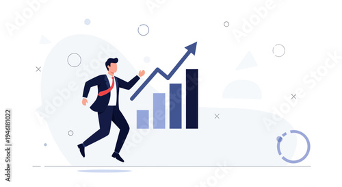 Businessman running towards financial growth with rising bar chart and arrow