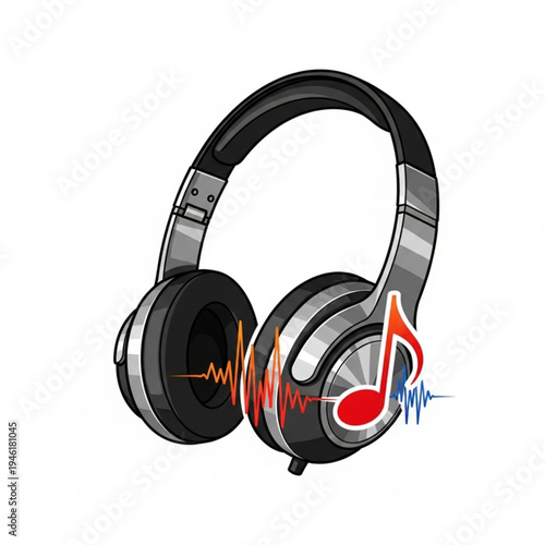 A pair of sleek black and silver headphones with colorful sound wave and music note